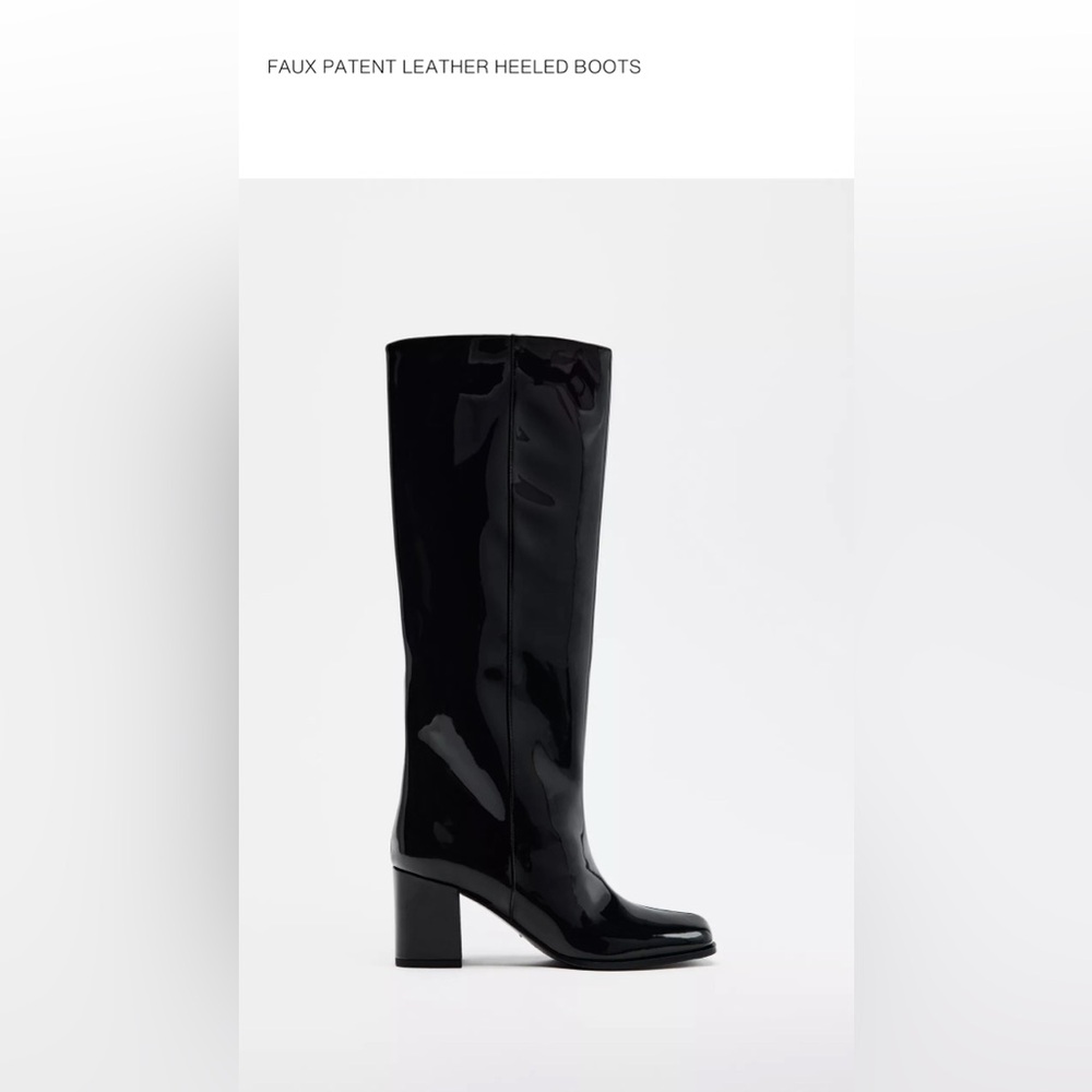 Zara Black Faux Patent Leather Heeled Boots 10 NWT